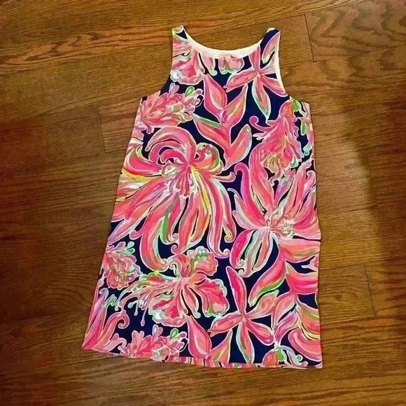 Lilly Pulitzer JACKIE SHIFT SILK DRESS Resort Navy Banana Flambe Size XS Resort - Picture 8 of 11